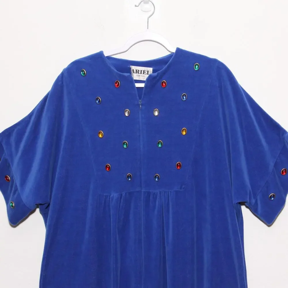 Vintage Ariel New York Long Velour Zip Front Robe Cabochon Accents